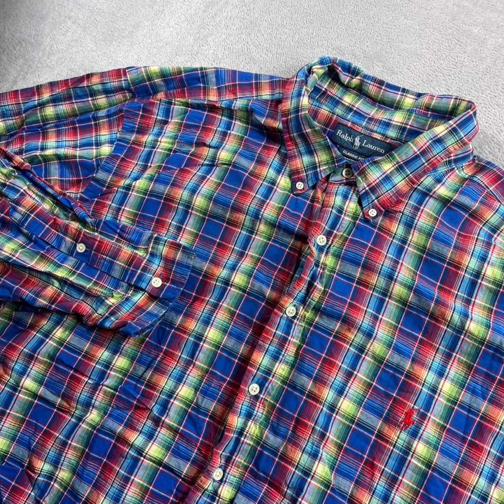 Ralph Lauren Mens 3XB Big Classic Fit Plaid Cotton Linen Button Down Shirt Multi